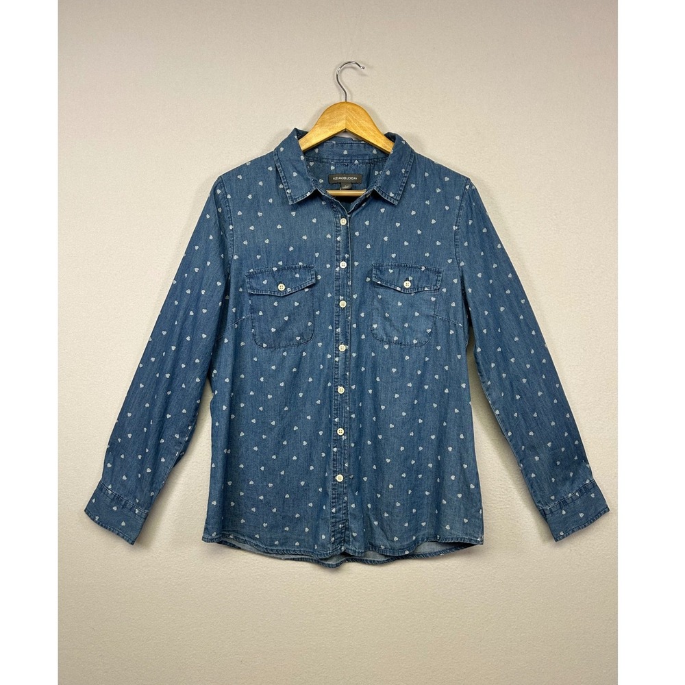 Romantic Heart Print Alexander Jordan Womens Large Blue Denim Button Down Shirt
